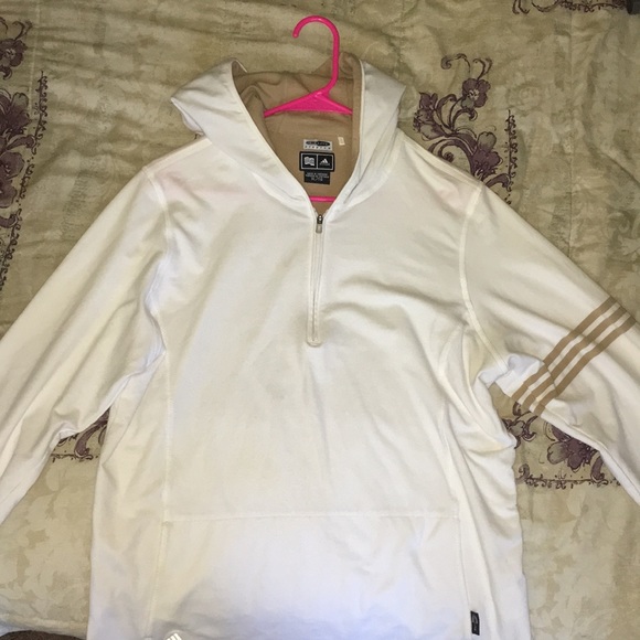white adidas jacket with gold stripes